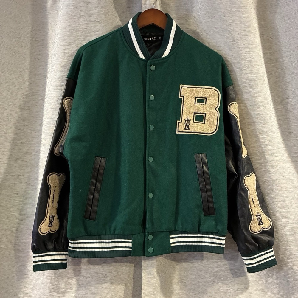 Varsity Jacket Adult Size Medium Green Bones Letterman Patches Vamtac